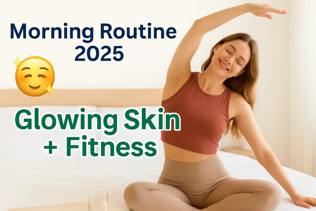 एक युवा महिला सुबह अपने बिस्तर पर योगा स्ट्रेच करती हुई, चेहरे पर ताज़गी और सुकून के साथ glowing skin और फिटनेस के लिए डेली मॉर्निंग रूटीन 2025।