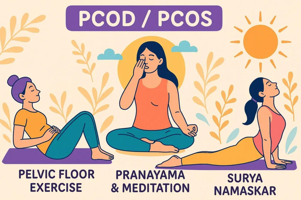 PCOD/PCOS exercises illustration with women performing pelvic floor exercise, pranayama meditation, and surya namaskar yoga pose.