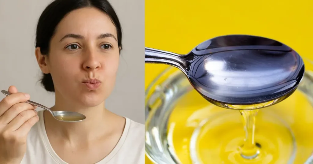 एक महिला oil pulling करते हुए चम्मच में तेल पकड़े हुए, साथ में तेल का क्लोज़अप शॉट