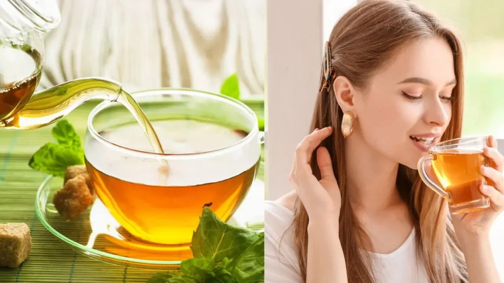 ग्रीन टी को कप में डाला जा रहा है और एक महिला मुस्कुराते हुए ग्रीन टी पी रही है।