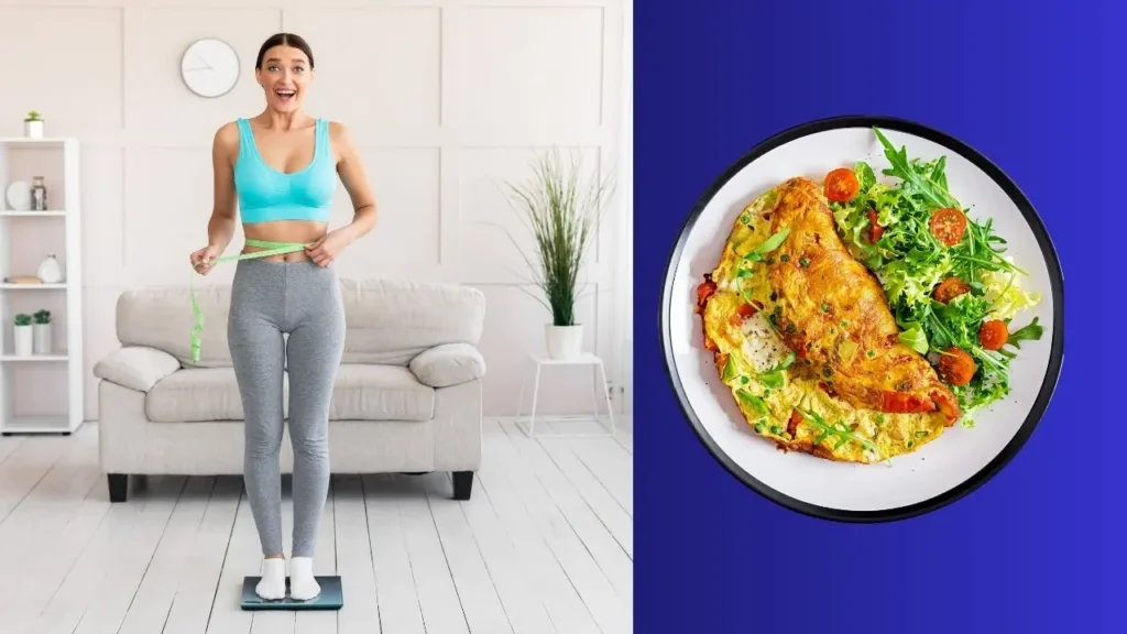 वजन घटाने के लिए नाश्ता करना या छोड़ना – महिला वजन नापते हुए और हेल्दी नाश्ते की थाली