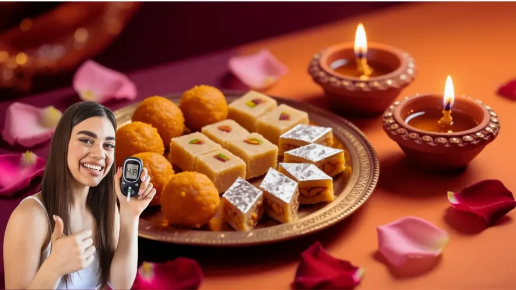 Diwali के दीयों के बीच मिठाइयों की थाली और ग्लूकोमीटर पकड़े मुस्कुराती महिला—शुगर कंट्रोल का संदेश देती Diabetic-friendly दिवाली थीम।