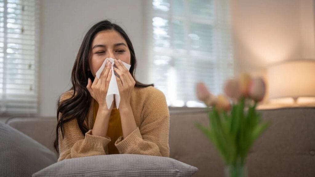 सोफ़े पर बैठी युवती टिश्यू से नाक पोंछ रही है—नाक बंद/जुकाम से राहत के घरेलू उपाय दर्शाती छवि