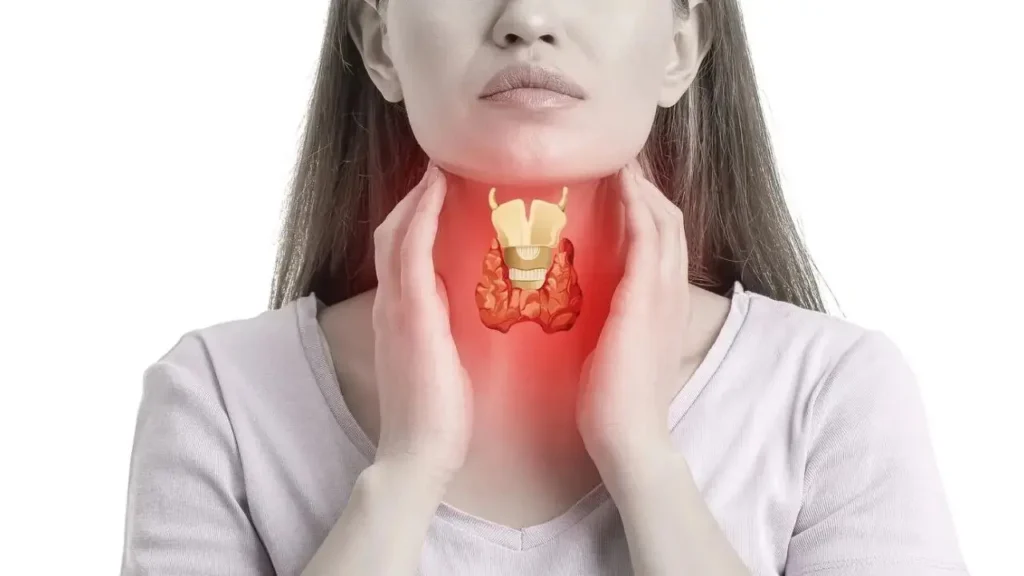 गर्दन में थायरॉइड ग्रंथि का चित्र—महिला गले को पकड़कर असहजता दिखा रही है, लाल चमक सूजन/दर्द का संकेत