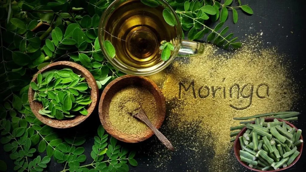 हरी Moringa पत्तियां, पाउडर और चाय का कप – मोरिंगा के औषधीय लाभों को दर्शाती तस्वीर।