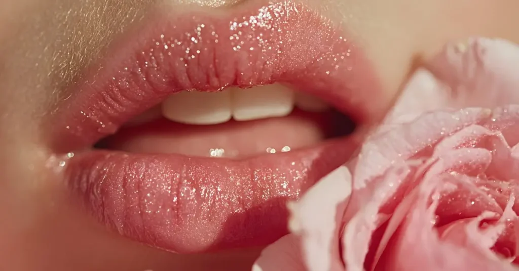 गुलाबी और चमकदार होंठों का क्लोज़-अप, पास में गुलाब का फूल