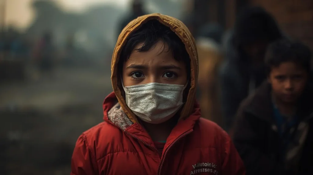 धुंध और प्रदूषण भरी हवा में मास्क पहने एक छोटा बच्चा लाल जैकेट में खड़ा है।