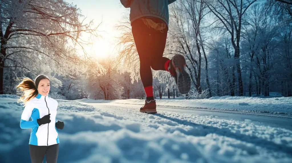 बर्फ से ढके रास्ते पर सर्दियों की सुबह एक महिला जॉगिंग करती हुई।