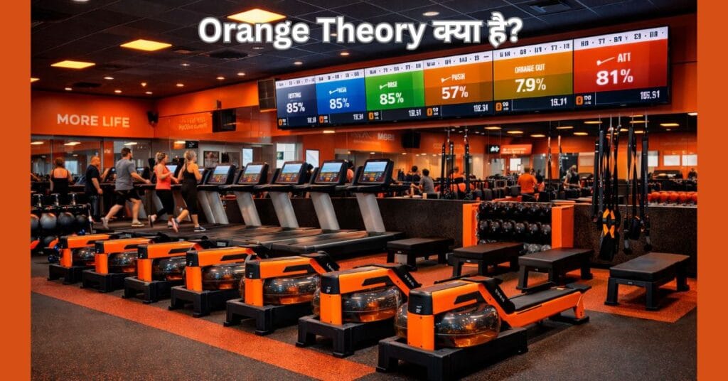 Orange Theory फिटनेस स्टूडियो का डेस्कटॉप व्यू, जहां ट्रेडमिल, रोइंग मशीन और हार्ट रेट मॉनिटर के साथ ग्रुप वर्कआउट हो रहा है