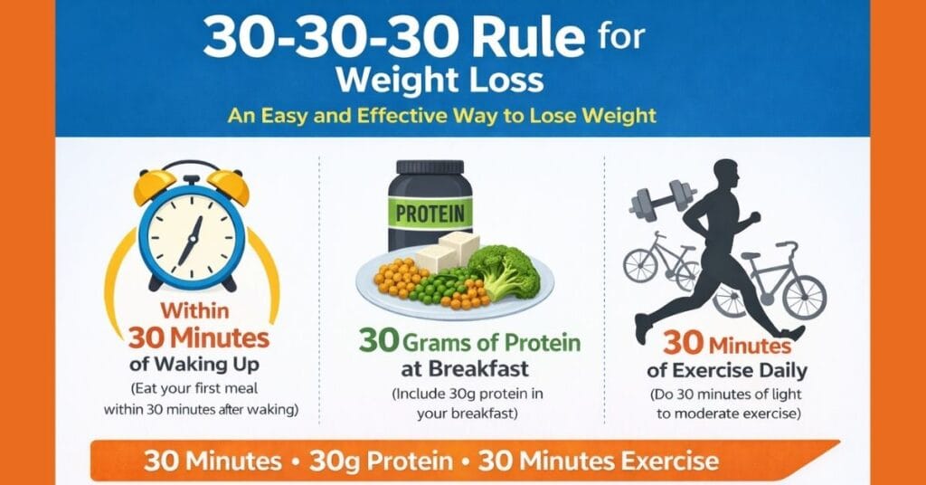 30-30-30 नियम का इन्फोग्राफिक जिसमें शाकाहारी प्रोटीन नाश्ता और व्यायाम दिखाया गया है