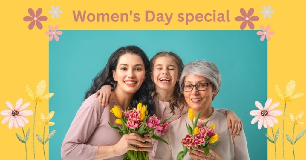 महिला दिवस पर तीन पीढ़ियों की महिलाएं फूलों के साथ मुस्कुराते हुए – women’s day special