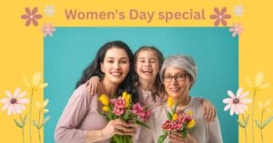 महिला दिवस पर तीन पीढ़ियों की महिलाएं फूलों के साथ मुस्कुराते हुए – women’s day special