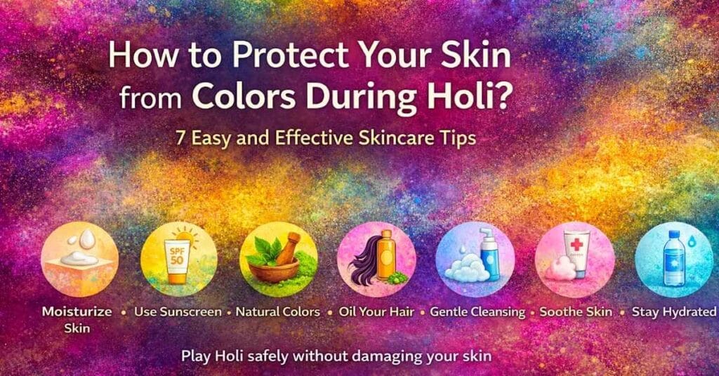 How to protect your skin from colors during Holi with easy and effective skincare tips shown on a colorful festive background