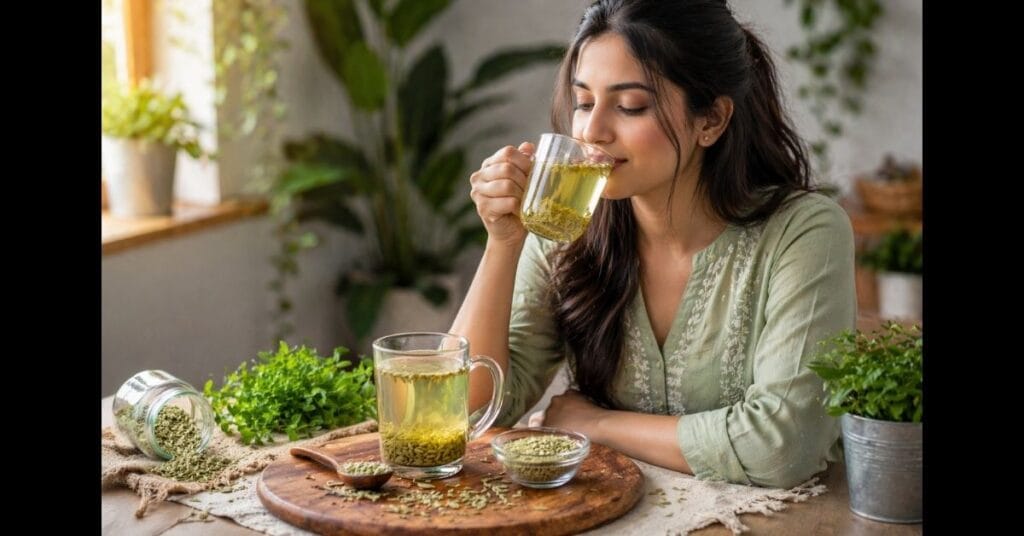 सौंफ पानी पीती हुई लड़की – fennel seeds water for weight loss and digestion