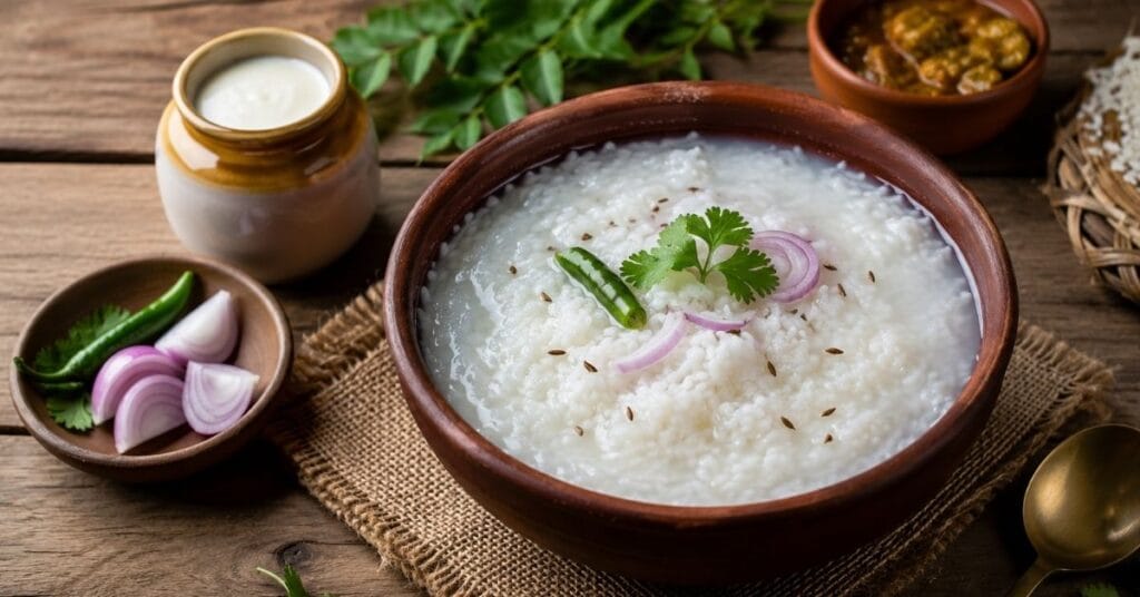 Traditional fermented rice served in a clay bowl with curd, onion, and green chili on a wooden table